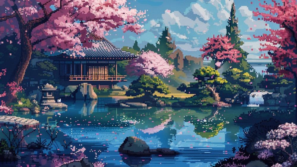 Zen Garden Retreat in Pixel Art Magic wallpaper