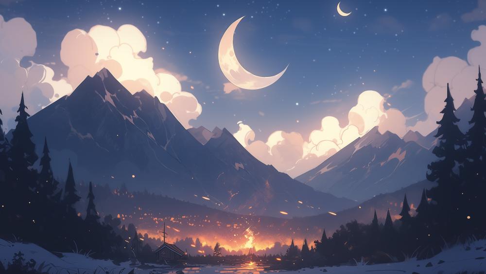 Mystical Crescent Over Tranquil Mountainscape wallpaper