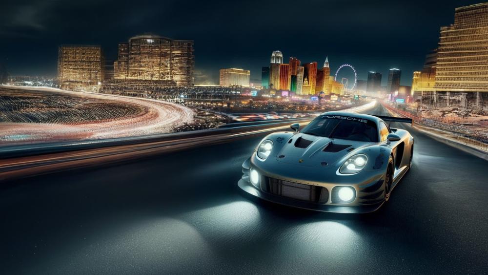 A Porsche Carrera GT running in a beautiful night in Las Vegas wallpaper