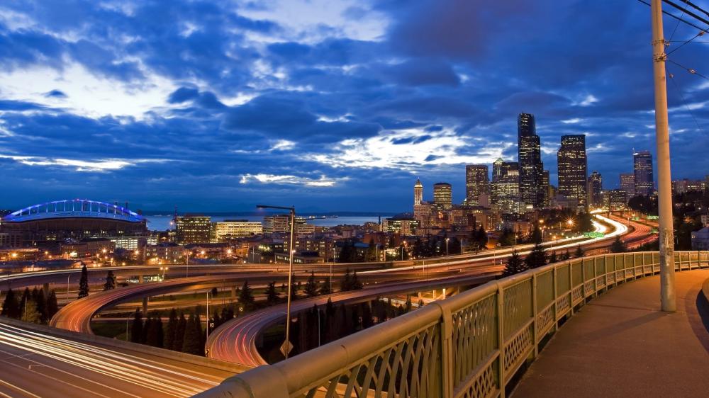 Seattle Cityscape at Dusk Overpass View wallpaper