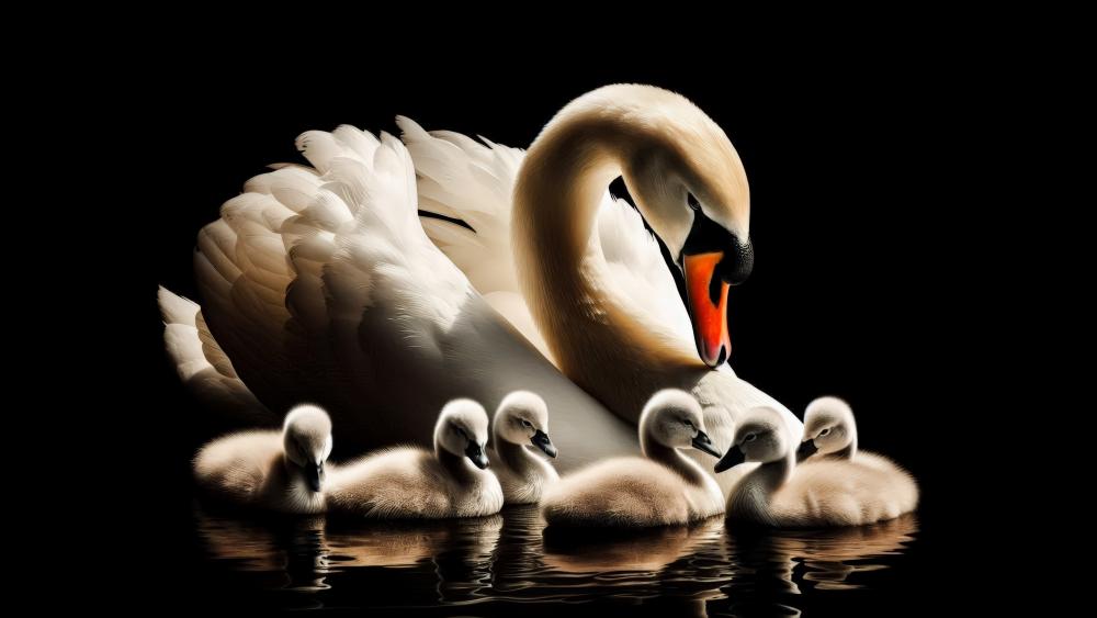 A Swan and Signets close together wallpaper