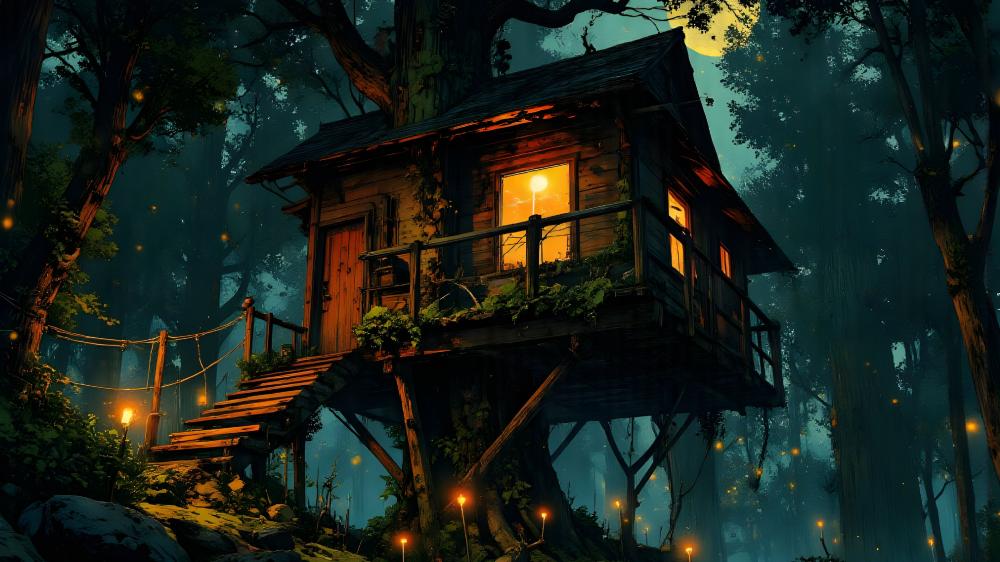 Tree House in Enchanted Forest by AI Artistry wallpaper