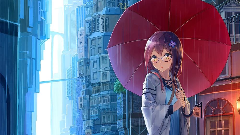 Anime Girl with Red Umbrella in Rainy Cityscape wallpaper