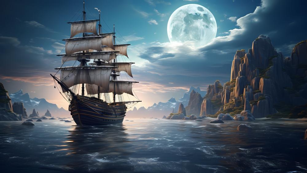 Sailing Through a Moonlit Fantasy Realm wallpaper