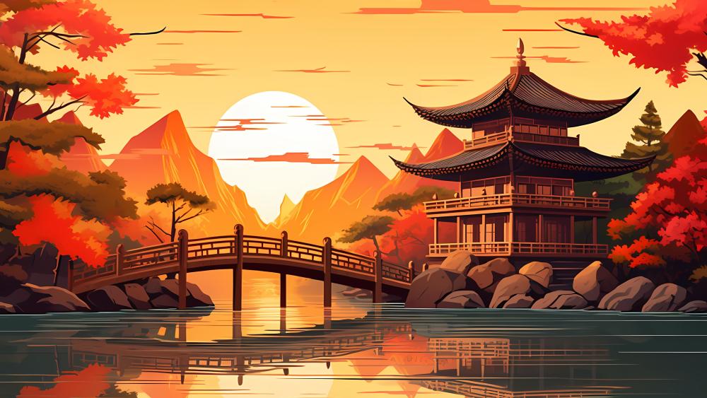 Sunset Serenity in a Japanese Anime Landscape wallpaper