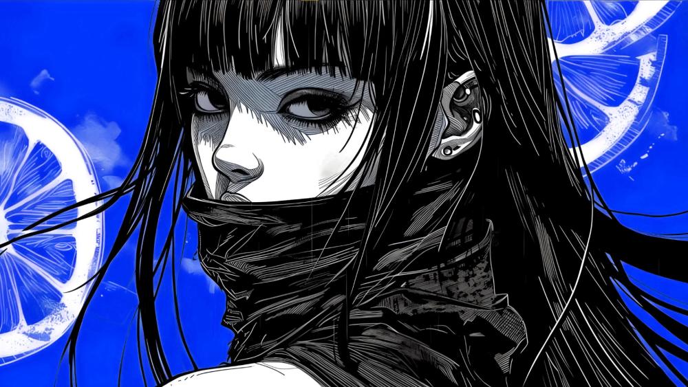 Lemon-Infused Mystique: Anime Girl in Monochrome wallpaper