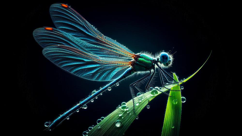 Dragon fly on a grass leaf wallpaper