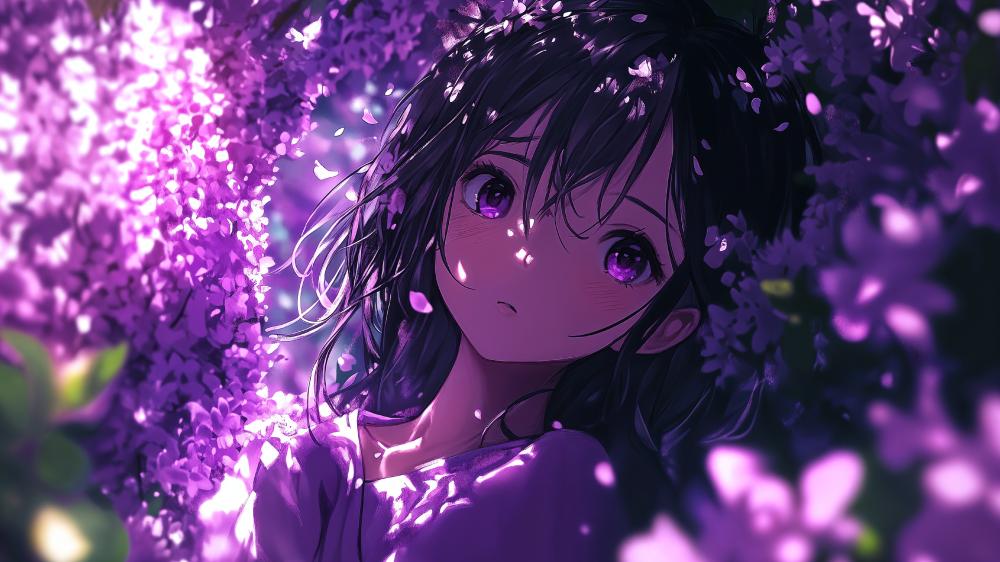 Enchanted Wisteria Dreamscape: Anime Girl in Blossom Bliss wallpaper