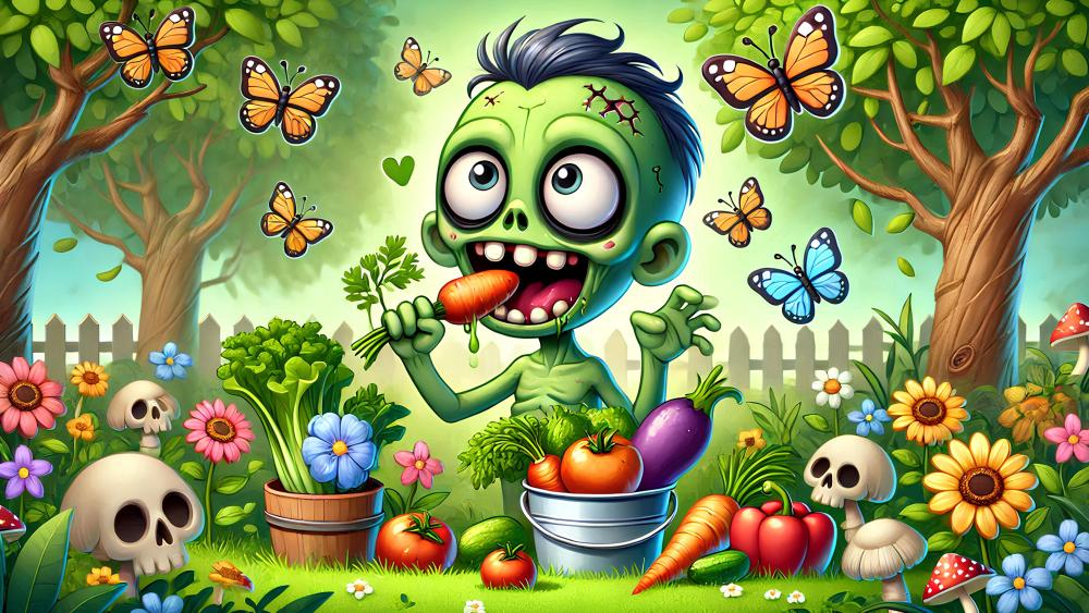 Zombie Boy's Veggie Feast in a Cartoon Wonderland wallpaper