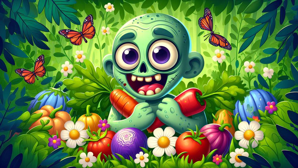 Zombie Boy's Garden Adventure with Veggies and Butterflies wallpaper