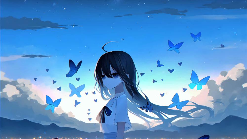 Ethereal Evening: Anime Girl Among Blue Butterflies wallpaper