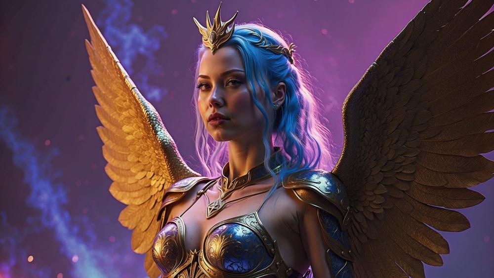 Celestial Guardian with Blue Hair and Golden Wings wallpaper