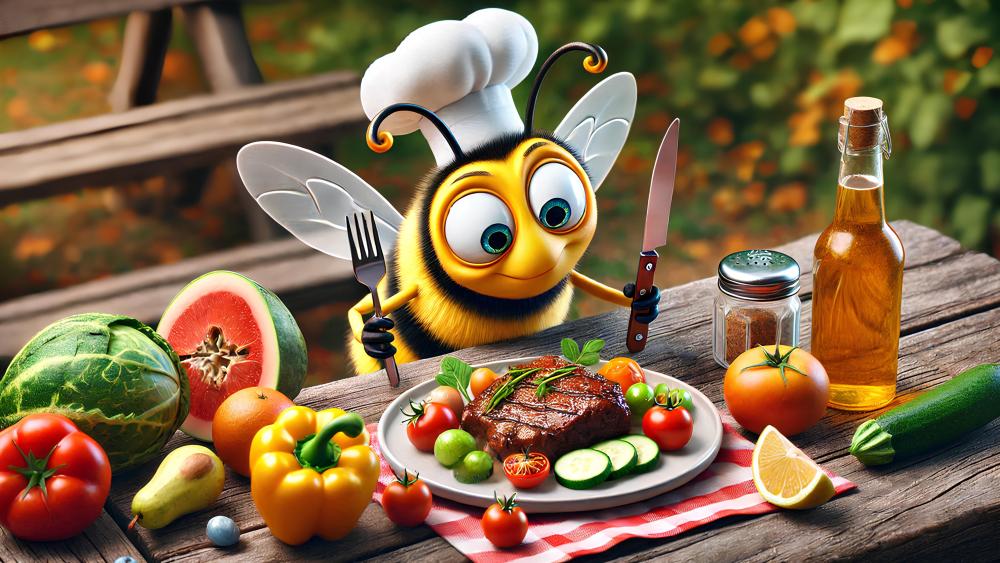 A Bee's Culinary Adventure with Steak and Veggies wallpaper