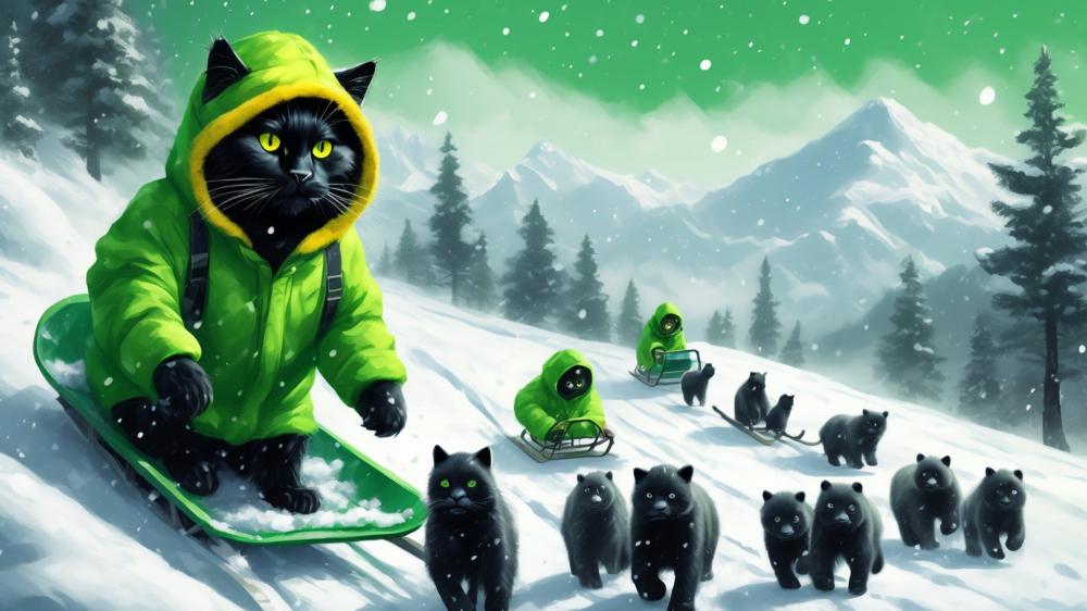 Sledding Adventure with Black Cats in the Snow wallpaper