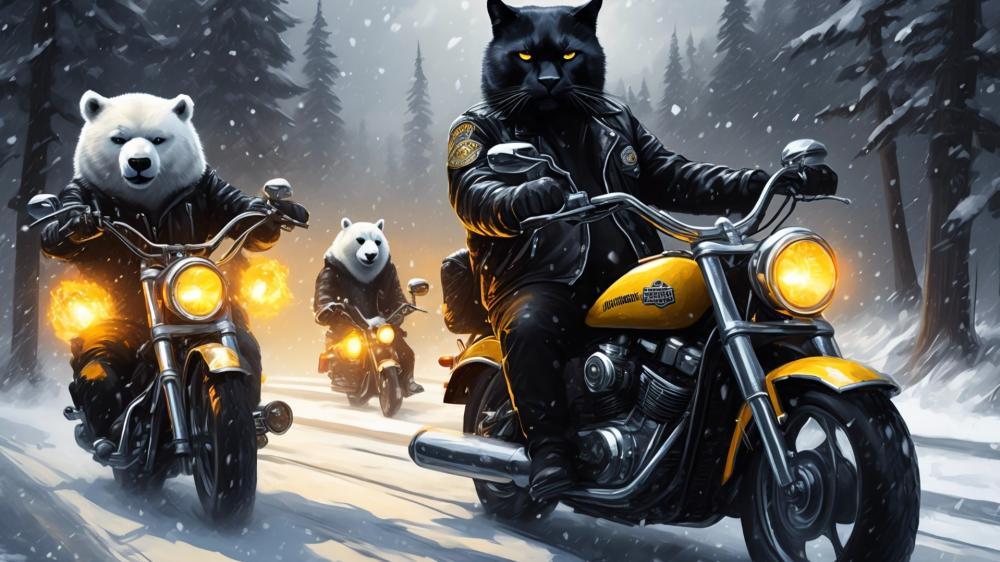 Cat and Bears Hit the Snowy Road on Bikes wallpaper