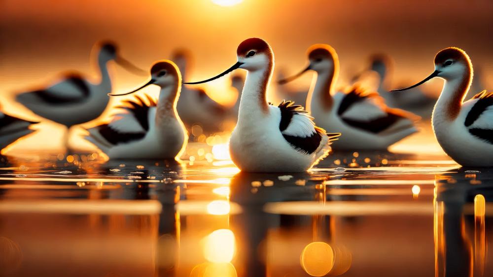 Avocets at Sunset Tranquil Evening Reflections wallpaper