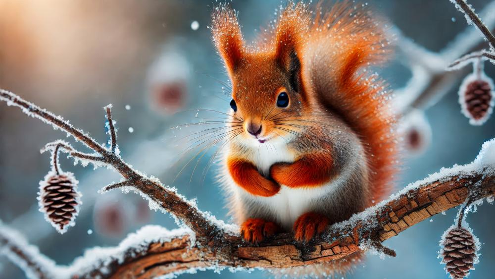 Squirrel sitting on a branch in winter wallpaper