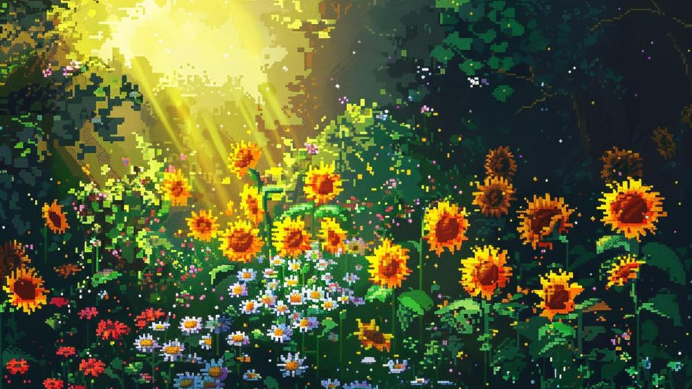 Sunlit Pixel Garden Blooms Brightly in Art wallpaper