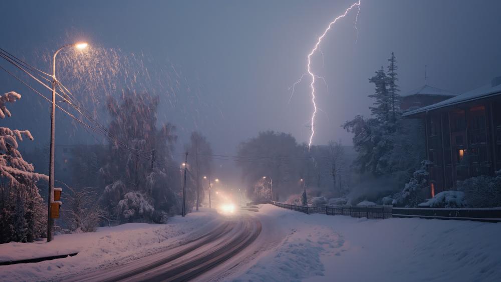 Winter Storm Road with Lightning in 5K Clarity wallpaper