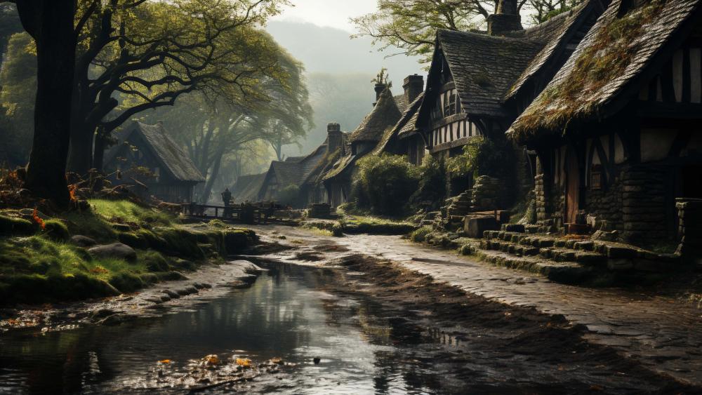 Medieval Village Serenity in Enchanting Woodland wallpaper