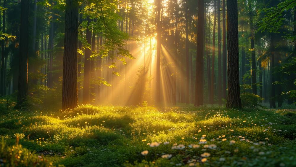 Sunlit Serenity in a Mystical Forest wallpaper