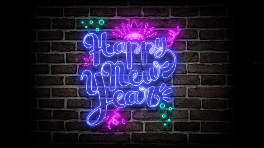 Happy New Year Neon Glow on Brick Wall wallpaper