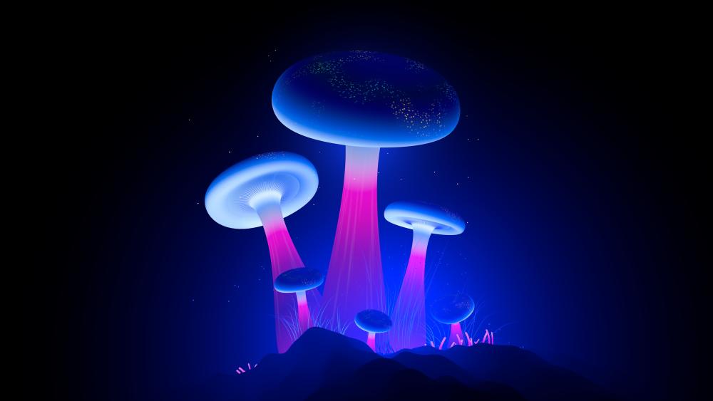 Glowing Enchantment: Bioluminescent Mushroom Fantasy Scene wallpaper