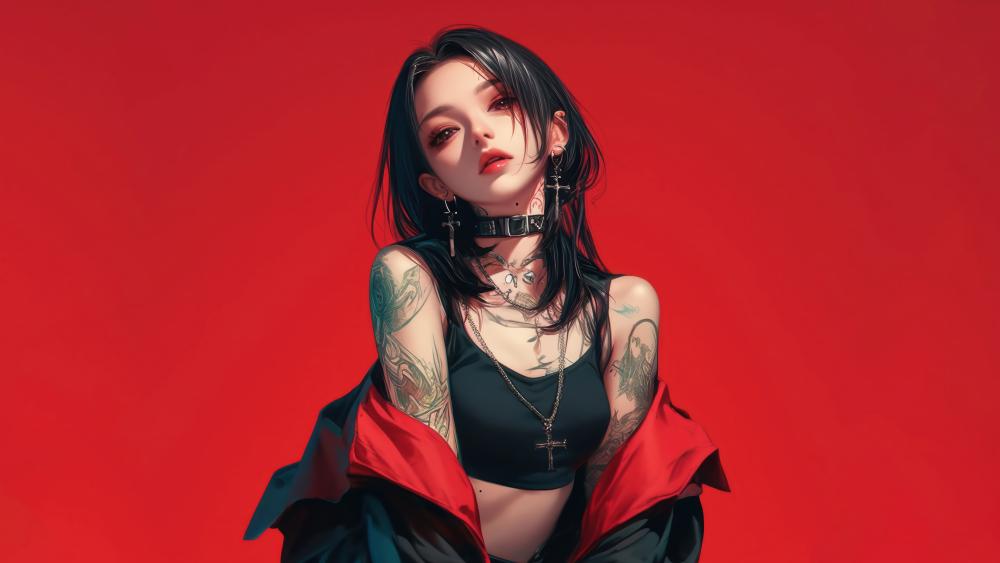 Tattooed Elegance Anime Girl on Red Canvas wallpaper