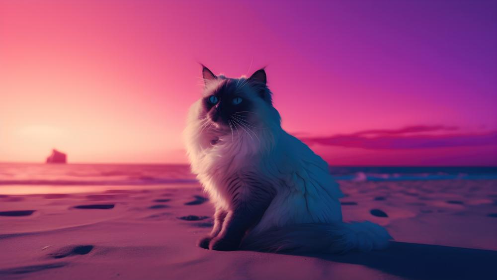 Dreamy Cat at a Synthwave Sunset wallpaper