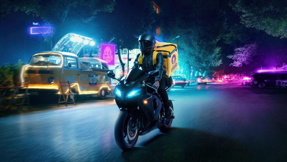 Motorcycle Delivery in Neon Night Vibes wallpaper