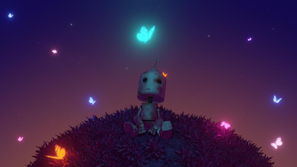 Dreamy Robot Surrounded by Magical Butterflies wallpaper