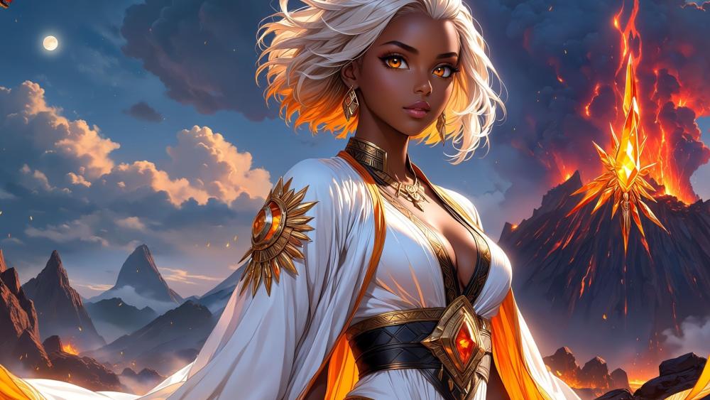 Golden-Haired Mythical Guardian in Fiery Landscape wallpaper