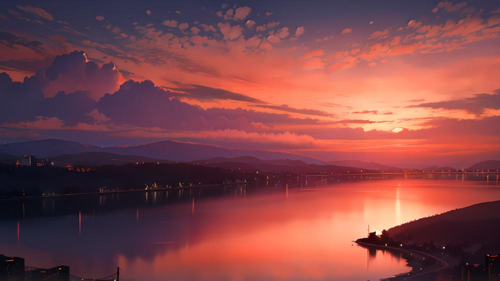 Serene Anime Sunset Over a Tranquil River wallpaper