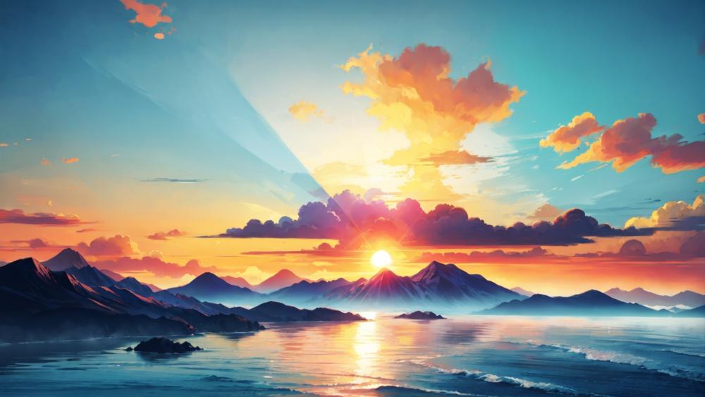 Radiant Sunrise Over Tranquil Anime Seascape wallpaper