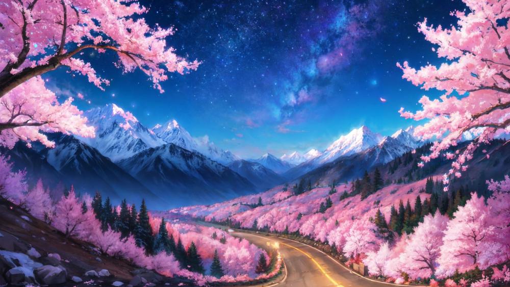 Cherry Blossom Valley under the Night Sky wallpaper