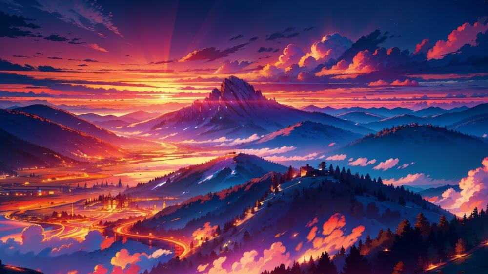 Sunset Over Anime Mountains: A Serene Landscape View wallpaper