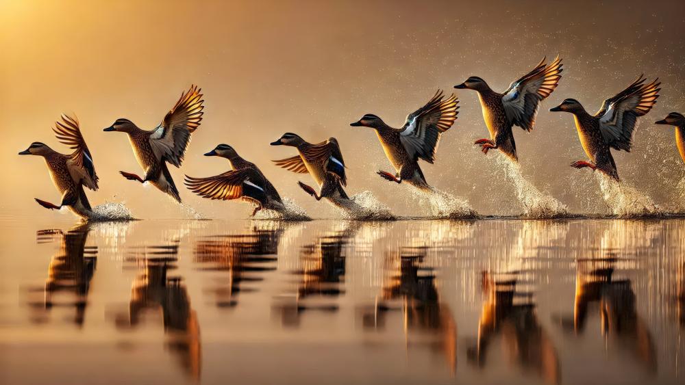 Flock of Mallards Skimming the Lake at Dawn wallpaper