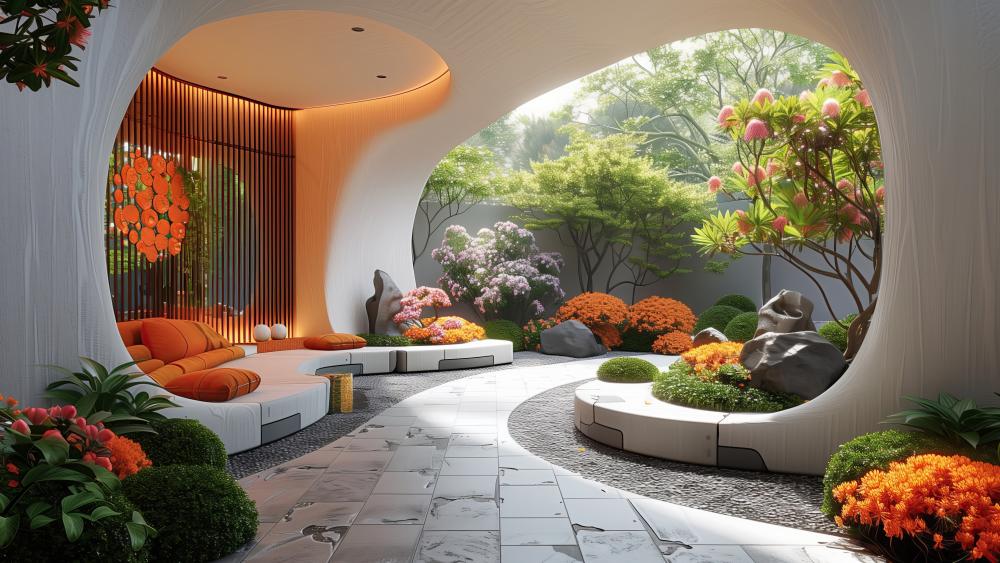 Luxury Courtyard: A Tranquil Indoor Escape with Elegant Design wallpaper