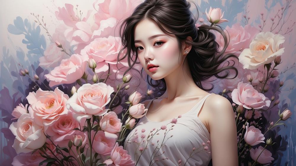 Oriental girl with pink roses romantic vibe wallpaper