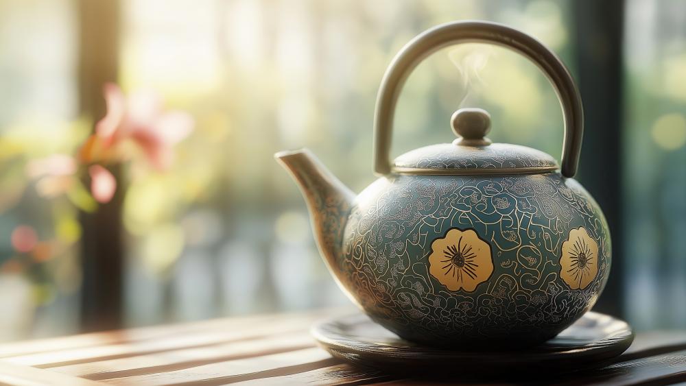 Elegant Porcelain Teapot in Sunlit Serenity wallpaper