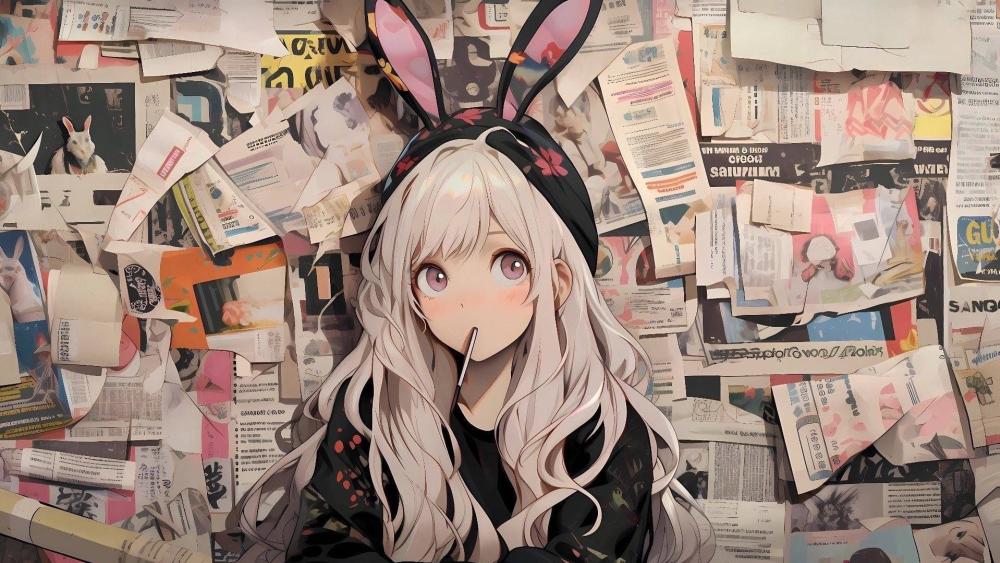 Bunny-Eared Anime Girl Amidst Vintage Clippings wallpaper