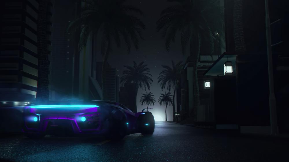 Neon Supercar in Midnight Fantasy Cityscape wallpaper