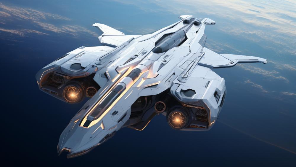 Futuristic Spacecraft Soaring in a Sci-Fi Sky wallpaper