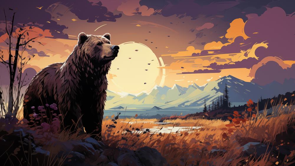 Majestic Sunset Bear in Fantasy Landscape wallpaper