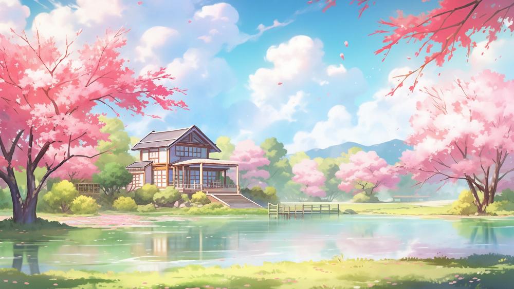 Springtime Tranquility: Dreamy Anime Sakura Landscape wallpaper