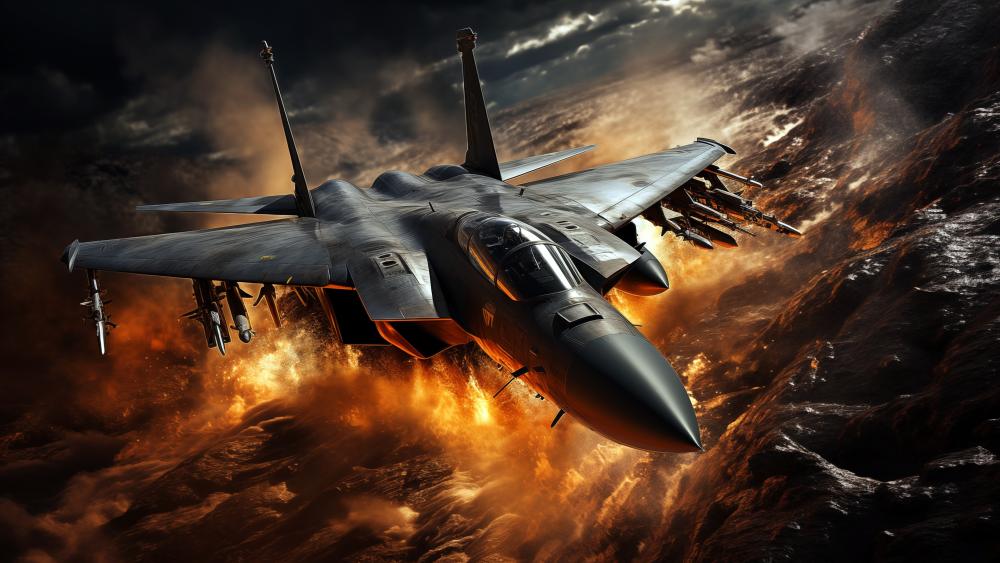 F-15 Eagle Soaring Amid Fiery Skies wallpaper