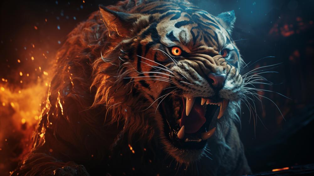 Tiger's Fiery Roar in the Dark Forest wallpaper