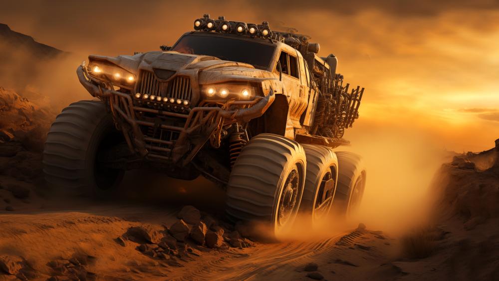 Futuristic Monster Truck Conquers the Desert Sands wallpaper