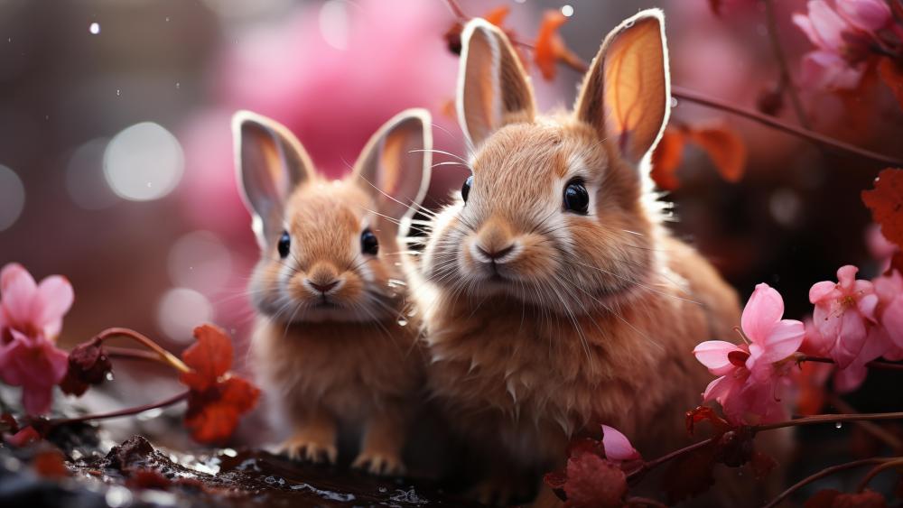 Floral Harmony AI Rabbits in 4K Fantasy wallpaper