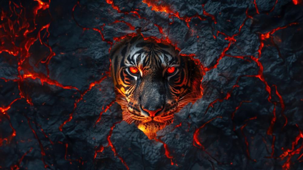 Blazing Tiger Embracing the Lava Realm wallpaper